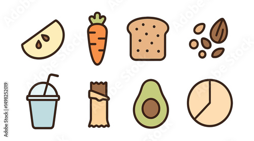 Outline with Fill icon set for balanced diet: apple slice, carrot stick, whole grain bread, nuts and seeds, smoothie cup, protein bar, avocado half, portion plate.