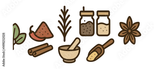 Outline with Fill vector icons of culinary herbs and spices: basil leaf, chili powder, cinnamon stick, rosemary sprig, spice jars, mortar and pestle, seasoning scoop, star anise.