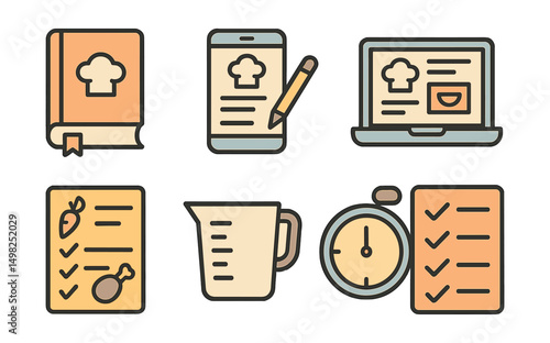 Outline with Fill vector icons of recipe creation: cookbook, digital recipe app, handwritten notes, open laptop, ingredients list, measuring guide, time icon, prep steps.