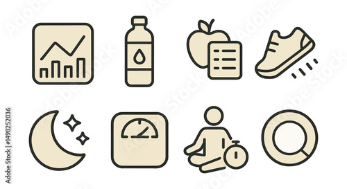 Outline with Fill icon set for health tracking apps: wellness graph, hydration tracker, nutrition log, step counter, sleep score, weight log, meditation timer, activity ring.