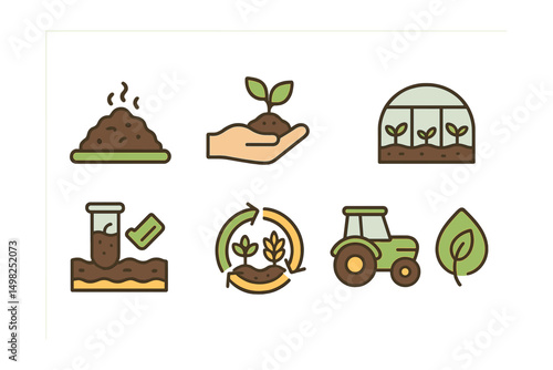 Outline with Fill icon set for sustainable farming: compost pile, hand with seedling, irrigation system, greenhouse icon, soil quality test, crop rotation, eco tractor, organic label.