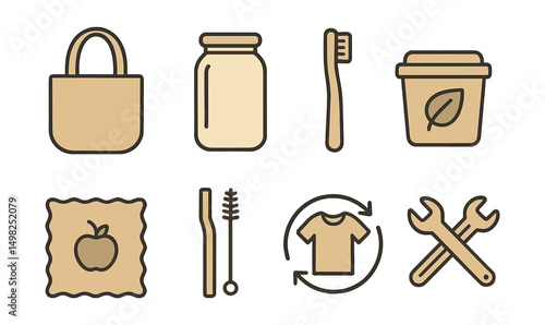 Outline with Fill icon set for zero waste lifestyle: cloth bag, glass jar, bamboo toothbrush, compost bin, food wrap, reusable straw, second-hand icon, repair symbol.