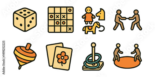 Outline with Fill vector icons of traditional games: wooden dice, strategy board, folk toys, tug of war, spinning top, cultural card game, ring toss, outdoor game circle.
