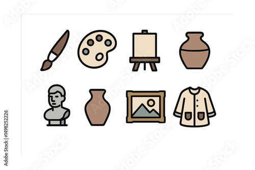 Outline with Fill style icons of visual arts: paintbrush, palette, canvas stand, sketchbook, sculpture icon, ceramic pot, gallery frame, artist smock.