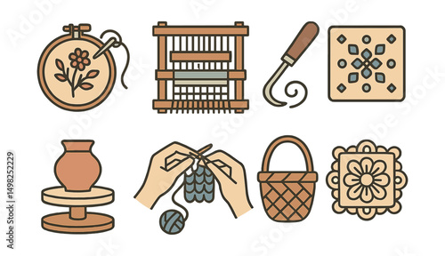 Outline with Fill vector icons of folk crafts: embroidery hoop, weaving loom, hand carving tool, beadwork, pottery wheel, knitting hands, artisan basket, lacework.