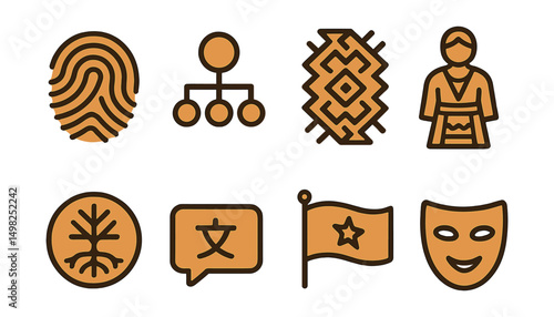 Outline with Fill style icons of cultural identity: fingerprint icon, family tree, ethnic pattern, national dress, cultural roots symbol, native language bubble, heritage flag, self-expression mask.