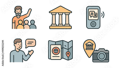 Outline with Fill style icons of cultural tourism: guided tour group, cultural landmark, translation device, local map, storytelling guide, passport stamp, cultural site marker, camera with notebook.