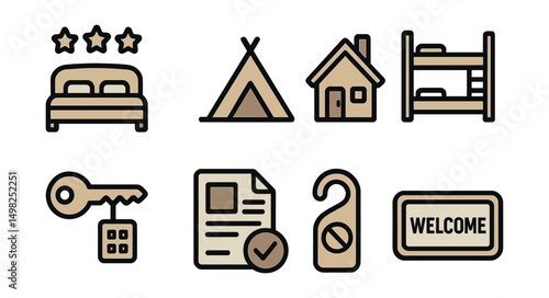 Outline with Fill icon set for accommodation options: hotel bed, tent, mountain cabin, hostel bunk, apartment key, booking receipt, do not disturb sign, welcome mat.