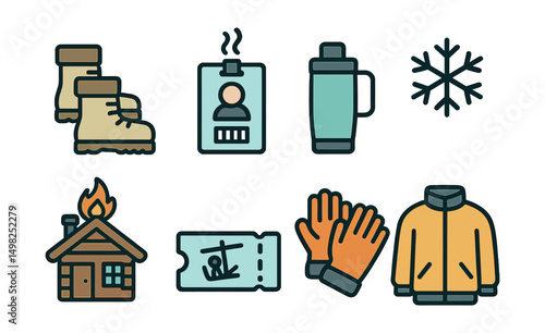 Outline with Fill icon set for winter travel: snow boots, ski pass, thermal mug, snowflake icon, cabin fire, ski lift ticket, insulated gloves, winter jacket.