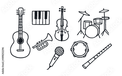 Hand-drawn vector icons of musical instruments: acoustic guitar, piano keys, violin, trumpet, drum set, tambourine, microphone, flute.