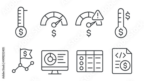 Line style icons of token launches: fundraising goal tracker, soft cap target, hard cap alert, capital raise meter, funding milestone icon, investor dashboard screen, contribution history table,