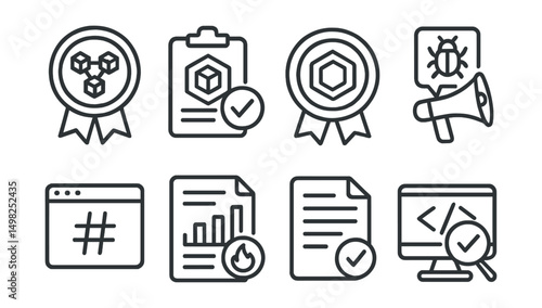 Line style icons of token launches: blockchain audit badge, smart contract verification, token security seal, bug bounty announcement, contract hash viewer, gas efficiency report, audit result