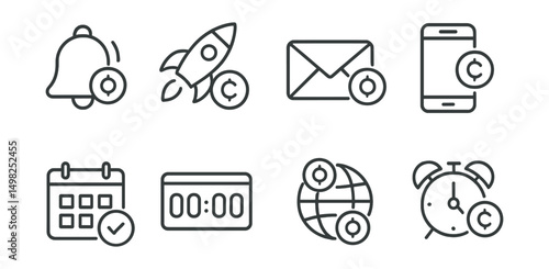 Line style icons of token launches: public sale notification bell, IDO launch alert, investor newsletter mail, SMS token launch notification, calendar reminder icon, event countdown widget,
