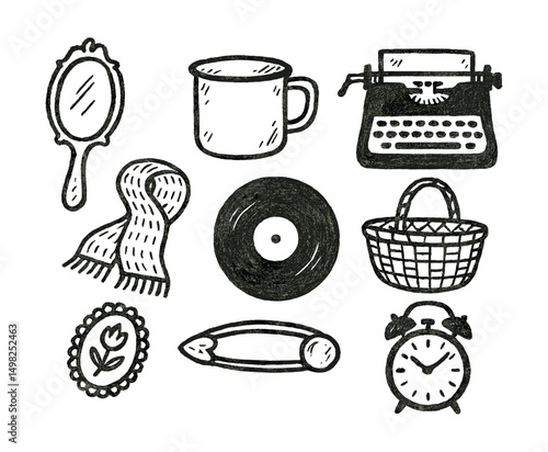 Hand-drawn vector icons of flea market finds: vintage mirror, enamel mug, typewriter, knitted scarf, vinyl record, woven basket, brooch, retro clock.