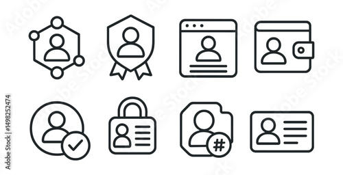Line style icons of digital identity: decentralized ID icon, self-sovereign identity badge, blockchain identity profile, digital ID wallet, avatar verification badge, personal data vault, unique