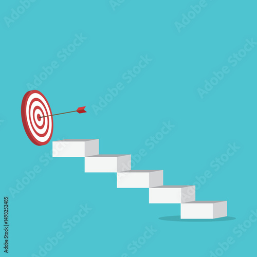 Goal, motivation to success. Climb up stairs to reach goal target on the top.