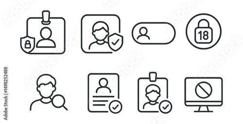 Line style icons of digital identity: parental control identity badge, child-safe identity profile, guardian permission toggle, age-locked access icon, teen account monitoring, identity consent