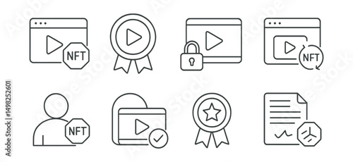Line style icons of Web3 streaming: video NFT mint icon, limited edition video badge, token-gated stream event, replay as NFT asset, premium subscriber NFT, streaming content rights token, creator