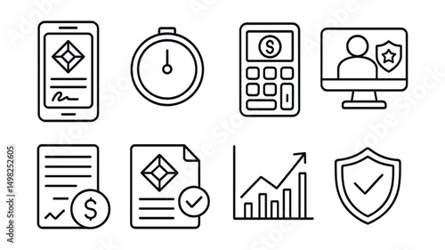 Line style icons of blockchain gaming: NFT rental agreement screen, rental duration meter, rental fee calculator, scholar system dashboard, lender profit tracker, asset return notice, rental earnings