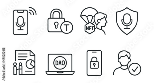 Line style icons of Web3 streaming: live podcast stream icon, token-based episode unlock, listener NFT drop, audio sponsorship badge, topic governance vote, podcast DAO icon, subscriber exclusive