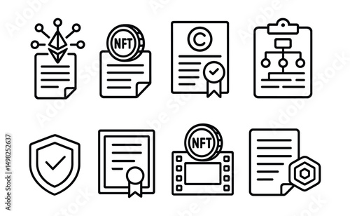 Line style icons of Web3 licensing: decentralized rights contract, NFT license token, copyright registration icon, royalty distribution smart contract, license verification badge, usage rights