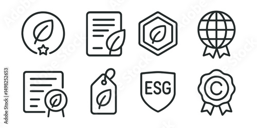 Line style icons of Web3 licensing: environment-based rights badge, sustainable content license, green media rights token, carbon-neutral license icon, eco-certified NFT usage, responsible content