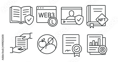 Line style icons of Web3 licensing: educational content rights, online course license token, lecture recording license, textbook NFT rights, knowledge sharing contract, non-commercial education icon,