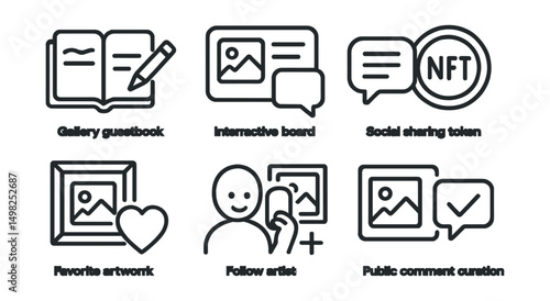 Line style icons of NFT galleries: gallery guestbook icon, collector message board, interactive comment panel, social sharing token, favorite artwork badge, follow artist button, virtual selfie in