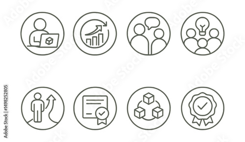 Line style icons of remote Web3 work (circular): learning on the job icon, skills upgrade ring, Web3 course access token, mentorship ring badge, collaborative learning bubble, training milestone dial