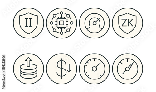 Line style icons of Web3 infrastructure (circular): Layer 2 solution badge, rollup processor ring, zk-rollup icon, optimistic rollup dial, transaction bundler bubble, fee reduction symbol,