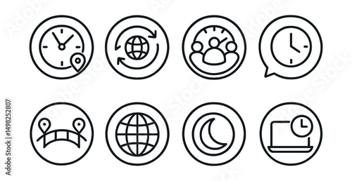 Line style icons of remote Web3 work (circular): cross-timezone clock, timezone sync ring, team availability dial, time overlap bubble, timezone bridge tool, circular world clock, async zone badge,