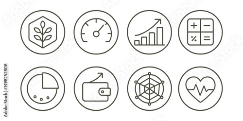 Line style icons of Web3 infrastructure (circular): ecosystem analytics badge, protocol metrics dial, ecosystem growth chart, TVL tracker icon, dApp activity ring, wallet growth rate, funding rounds