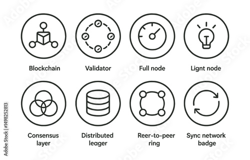 Line style icons of Web3 infrastructure (circular): blockchain node icon, validator ring badge, full node dial, light node indicator, consensus layer bubble, distributed ledger circle, peer-to-peer