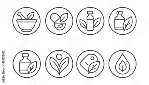 Line style icons of pharmacy (circular): herbal remedy icon, natural supplement badge, homeopathy vial ring, plant-based formula bubble, essential oils icon, holistic care label, organic medicine tag