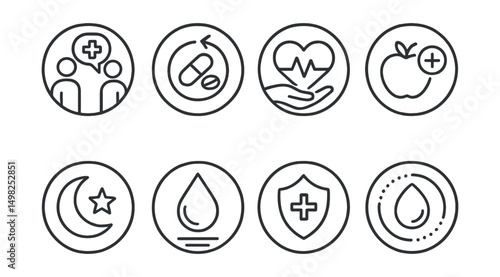 Line style icons of pharmacy (circular): wellness consultation badge, health supplement tracker, lifestyle recommendation ring, nutrition advice bubble, sleep aid icon, hydration reminder label,