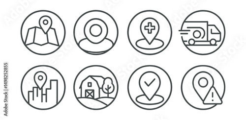 Line style icons of medicine delivery (circular): delivery area map icon, coverage zone ring, pharmacy hub locator, distance-to-door icon, city-wide delivery badge, rural delivery mode, location