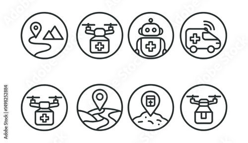 Line style icons of medicine delivery (circular): remote location delivery mode, drone medicine drop icon, medical delivery robot, autonomous courier vehicle, pharmacy drone icon, last-mile tracking