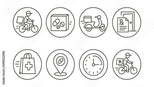 Line style icons of medicine delivery (circular): medicine courier icon, delivery box with pills, pharmacy delivery scooter, prescription at doorstep, medicine bag in transit, GPS tracking badge,