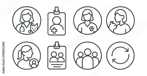 Line style icons of veterinary care (circular): veterinary staff roles icon, vet technician badge, nurse paw ring, animal care assistant, admin support bubble, team ID badge, clinic staff directory,