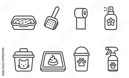Line style icons of pet care: litter box, poop scoop, waste bag roll, odor neutralizer, cat litter container, dog potty pad, pet waste bin, training spray.