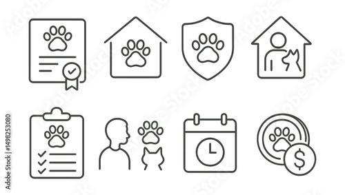 Line style icons of pet care: adoption certificate, shelter logo, rescue badge, foster home symbol, adoption checklist, pet match icon, trial period note, adoption fee icon.