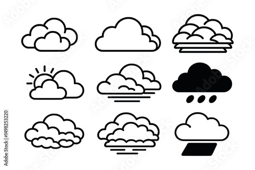 Line style icons of cloudy weather: broken clouds, overcast sky, cloud layers, partial sun and cloud, drifting cloud, dark sky, moody clouds, cloud shadow.