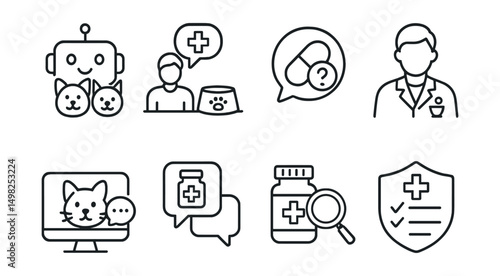 Line style icons of veterinary pharmacy: pharmacy chatbot for pets, prescription help desk, dosage question bubble, virtual vet pharmacist, online consultation icon, refill request chat, medicine