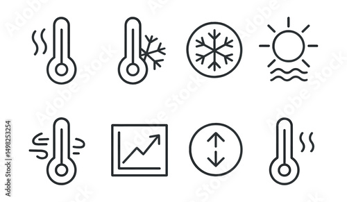 Line style icons of temperature: hot thermometer, cold thermometer, freezing point icon, heatwave symbol, wind chill factor, temperature graph, daily high-low badge, feels-like indicator.