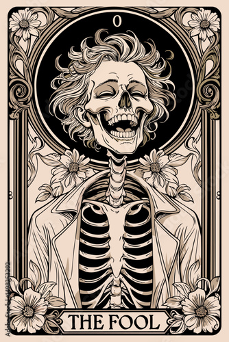 The fool. Tarot card in art nouveau style. Skeleton laughing. Vector illustration