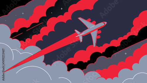 Dramatic Airplane Soaring Through Vibrant Stormy Skies
