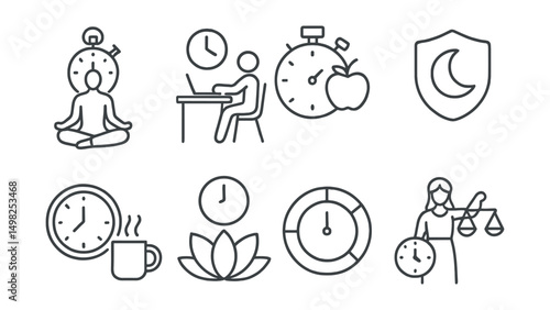 Line style icons of time: meditation timer, focused work session, Pomodoro method icon, rest period badge, break time tracker, wellness time icon, breathing interval ring, balance and time symbol.