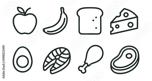 Line style icons of food: apple, banana, bread slice, cheese wedge, boiled egg, fish fillet, chicken drumstick, steak.