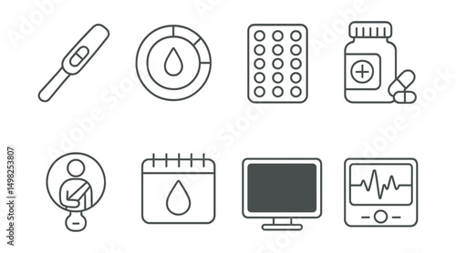 Line style icons of reproductive health: pregnancy test, menstrual cycle tracker, contraceptive pill, prenatal vitamins, midwife badge, fertility calendar, ultrasound icon, baby heartbeat monitor.