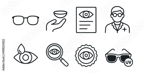 Line style icons of vision and eye health: glasses, contact lens, eye chart, optometrist icon, dry eye drop, magnifying glass, vision test badge, sunglasses with UV icon.